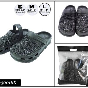 Fashion Rhinestone Clogs, Pool Slides, Black